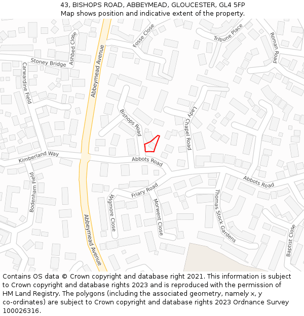 43, BISHOPS ROAD, ABBEYMEAD, GLOUCESTER, GL4 5FP: Location map and indicative extent of plot