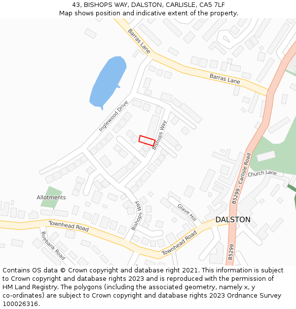43, BISHOPS WAY, DALSTON, CARLISLE, CA5 7LF: Location map and indicative extent of plot