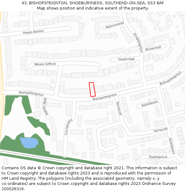 43, BISHOPSTEIGNTON, SHOEBURYNESS, SOUTHEND-ON-SEA, SS3 8AF: Location map and indicative extent of plot