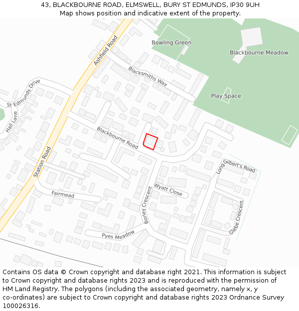 43, BLACKBOURNE ROAD, ELMSWELL, BURY ST EDMUNDS, IP30 9UH: Location map and indicative extent of plot