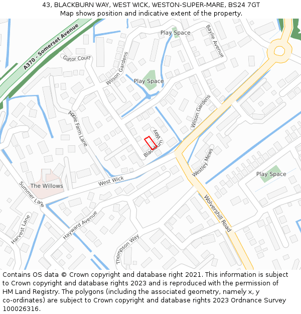 43, BLACKBURN WAY, WEST WICK, WESTON-SUPER-MARE, BS24 7GT: Location map and indicative extent of plot