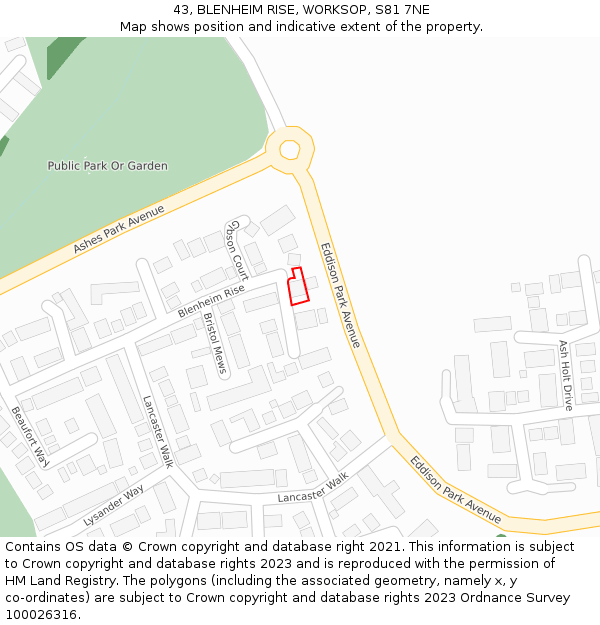 43, BLENHEIM RISE, WORKSOP, S81 7NE: Location map and indicative extent of plot