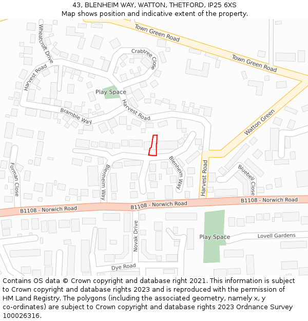 43, BLENHEIM WAY, WATTON, THETFORD, IP25 6XS: Location map and indicative extent of plot