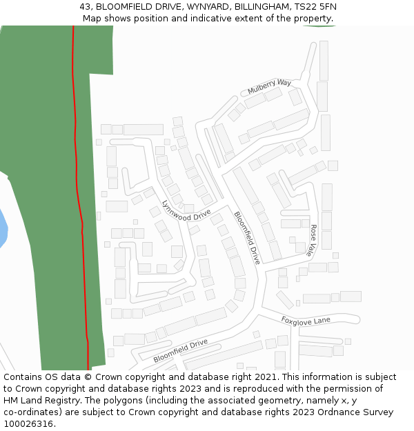 43, BLOOMFIELD DRIVE, WYNYARD, BILLINGHAM, TS22 5FN: Location map and indicative extent of plot