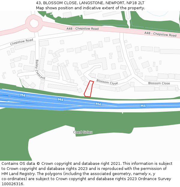 43, BLOSSOM CLOSE, LANGSTONE, NEWPORT, NP18 2LT: Location map and indicative extent of plot