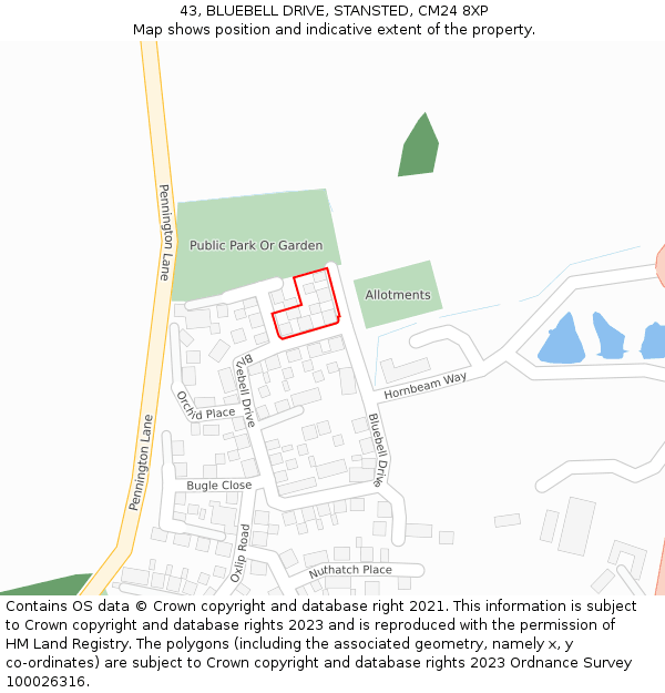 43, BLUEBELL DRIVE, STANSTED, CM24 8XP: Location map and indicative extent of plot