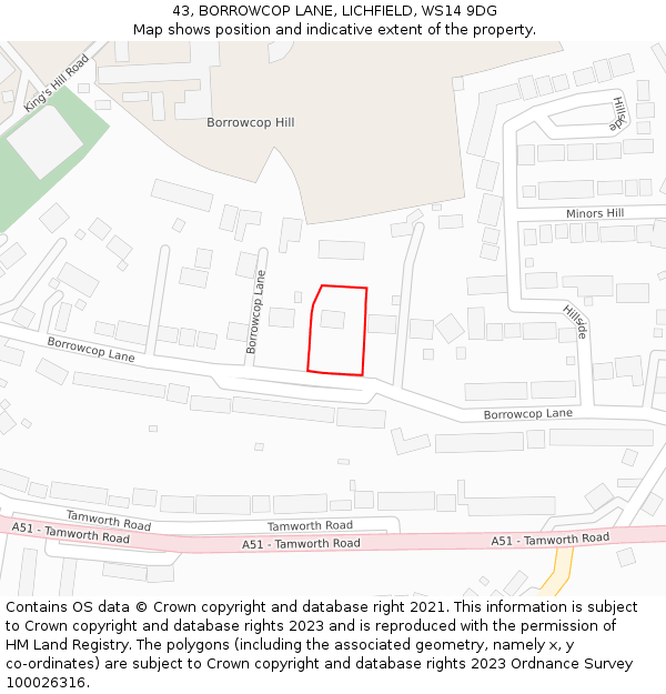 43, BORROWCOP LANE, LICHFIELD, WS14 9DG: Location map and indicative extent of plot