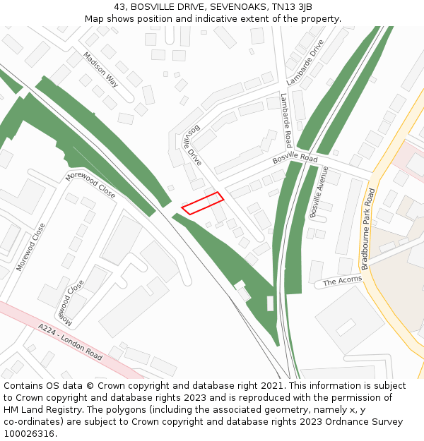 43, BOSVILLE DRIVE, SEVENOAKS, TN13 3JB: Location map and indicative extent of plot
