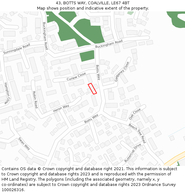 43, BOTTS WAY, COALVILLE, LE67 4BT: Location map and indicative extent of plot