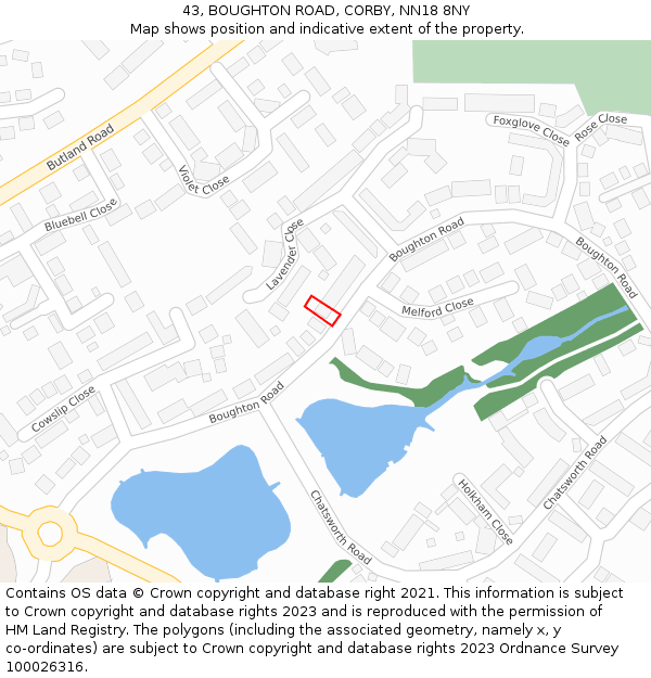 43, BOUGHTON ROAD, CORBY, NN18 8NY: Location map and indicative extent of plot