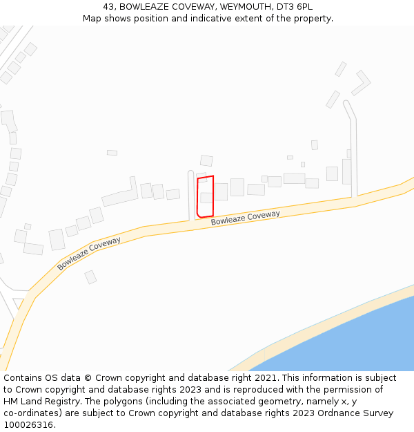 43, BOWLEAZE COVEWAY, WEYMOUTH, DT3 6PL: Location map and indicative extent of plot