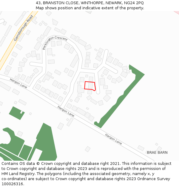 43, BRANSTON CLOSE, WINTHORPE, NEWARK, NG24 2PQ: Location map and indicative extent of plot