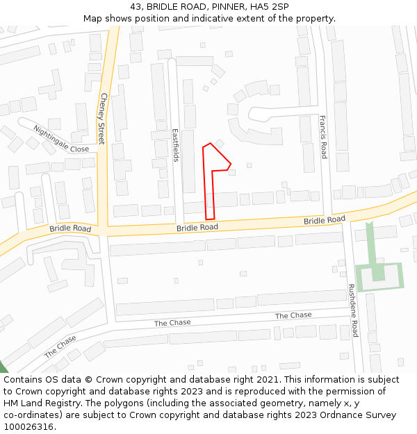 43, BRIDLE ROAD, PINNER, HA5 2SP: Location map and indicative extent of plot