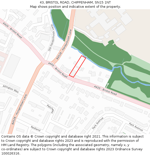 43, BRISTOL ROAD, CHIPPENHAM, SN15 1NT: Location map and indicative extent of plot