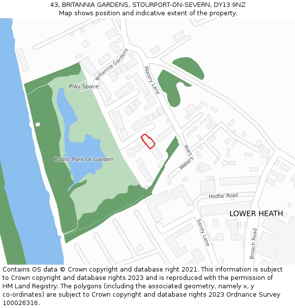 43, BRITANNIA GARDENS, STOURPORT-ON-SEVERN, DY13 9NZ: Location map and indicative extent of plot