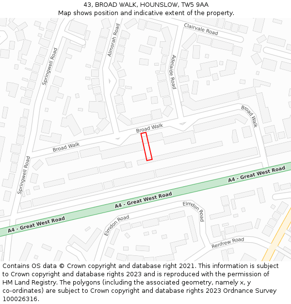 43, BROAD WALK, HOUNSLOW, TW5 9AA: Location map and indicative extent of plot