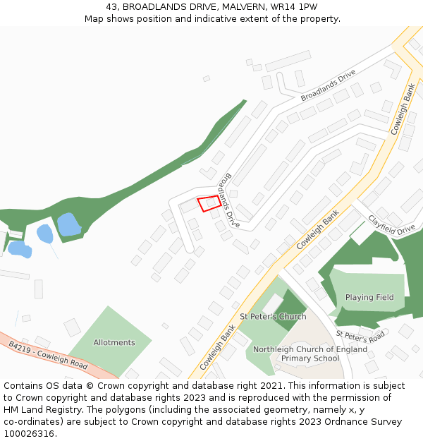 43, BROADLANDS DRIVE, MALVERN, WR14 1PW: Location map and indicative extent of plot