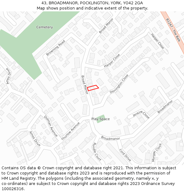 43, BROADMANOR, POCKLINGTON, YORK, YO42 2GA: Location map and indicative extent of plot