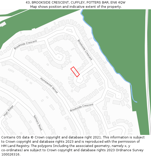 43, BROOKSIDE CRESCENT, CUFFLEY, POTTERS BAR, EN6 4QW: Location map and indicative extent of plot