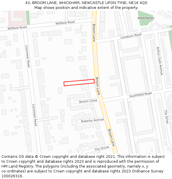 43, BROOM LANE, WHICKHAM, NEWCASTLE UPON TYNE, NE16 4QS: Location map and indicative extent of plot