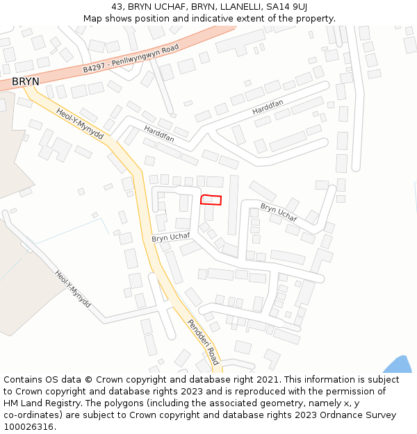 43, BRYN UCHAF, BRYN, LLANELLI, SA14 9UJ: Location map and indicative extent of plot