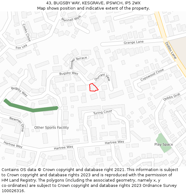 43, BUGSBY WAY, KESGRAVE, IPSWICH, IP5 2WX: Location map and indicative extent of plot