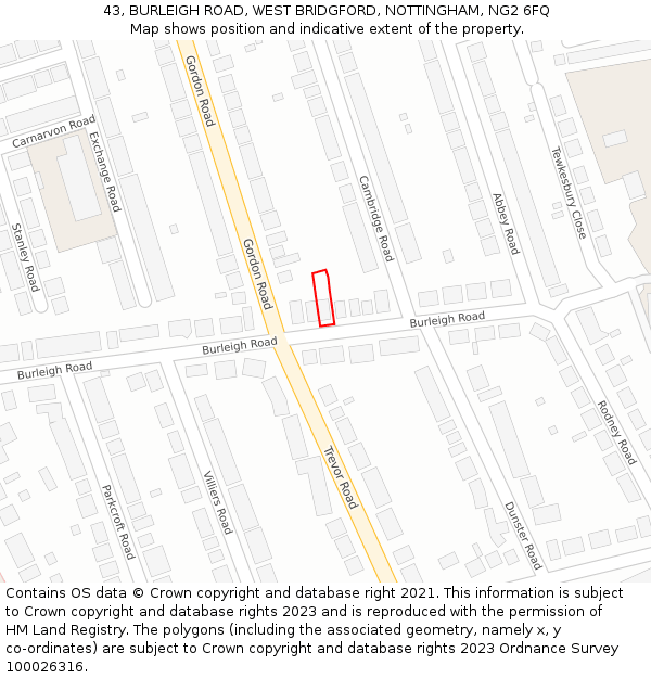 43, BURLEIGH ROAD, WEST BRIDGFORD, NOTTINGHAM, NG2 6FQ: Location map and indicative extent of plot