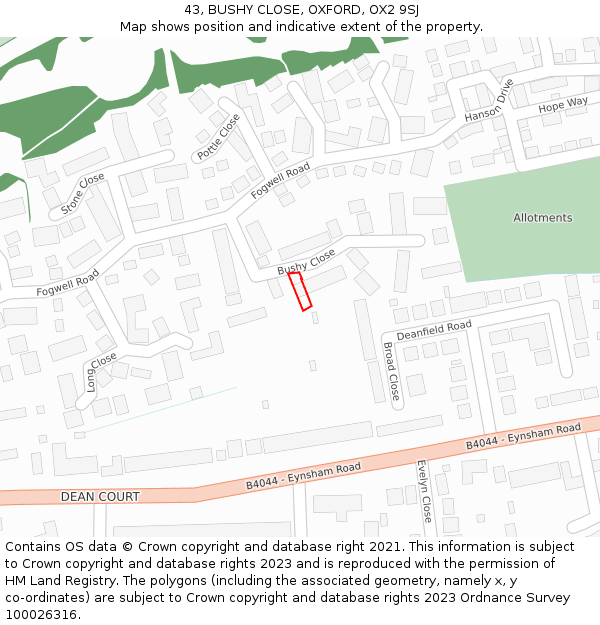 43, BUSHY CLOSE, OXFORD, OX2 9SJ: Location map and indicative extent of plot