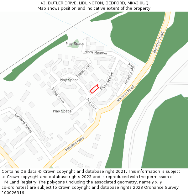 43, BUTLER DRIVE, LIDLINGTON, BEDFORD, MK43 0UQ: Location map and indicative extent of plot