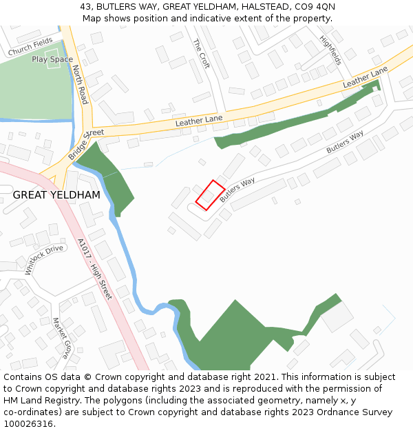 43, BUTLERS WAY, GREAT YELDHAM, HALSTEAD, CO9 4QN: Location map and indicative extent of plot