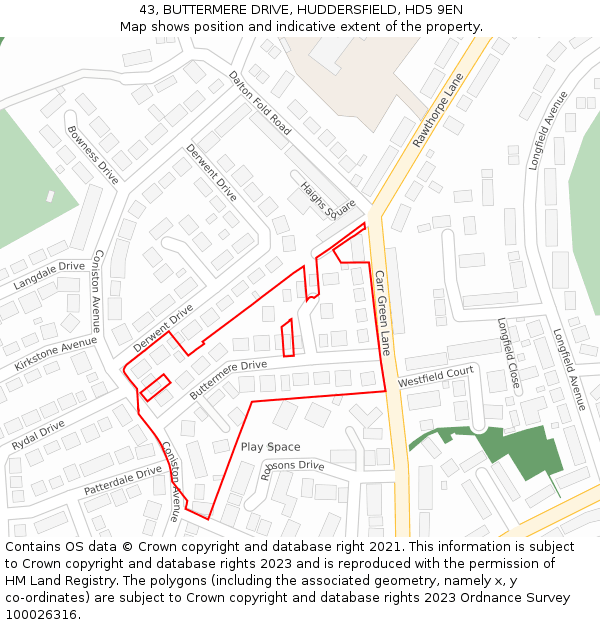 43, BUTTERMERE DRIVE, HUDDERSFIELD, HD5 9EN: Location map and indicative extent of plot