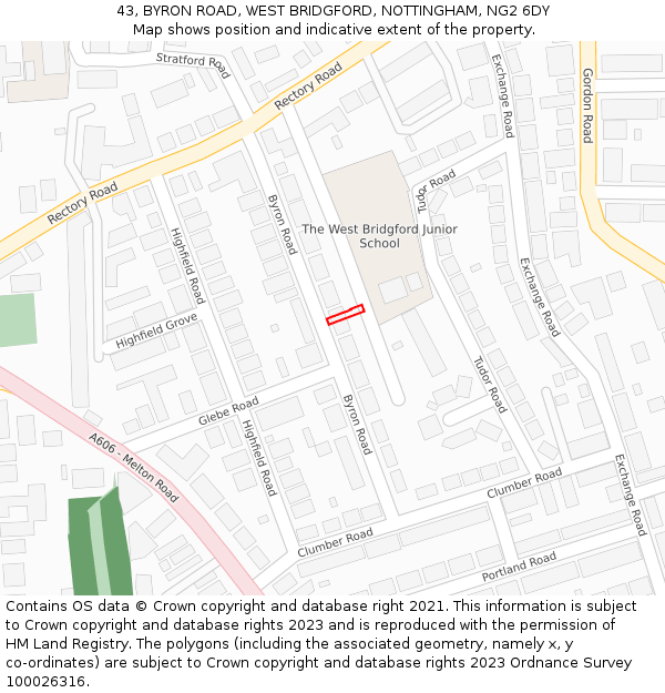 43, BYRON ROAD, WEST BRIDGFORD, NOTTINGHAM, NG2 6DY: Location map and indicative extent of plot