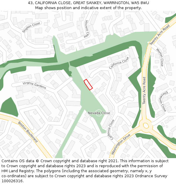 43, CALIFORNIA CLOSE, GREAT SANKEY, WARRINGTON, WA5 8WU: Location map and indicative extent of plot