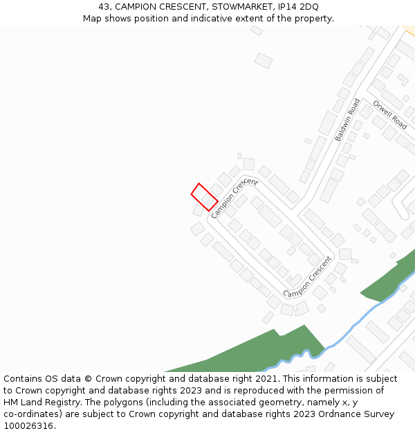 43, CAMPION CRESCENT, STOWMARKET, IP14 2DQ: Location map and indicative extent of plot