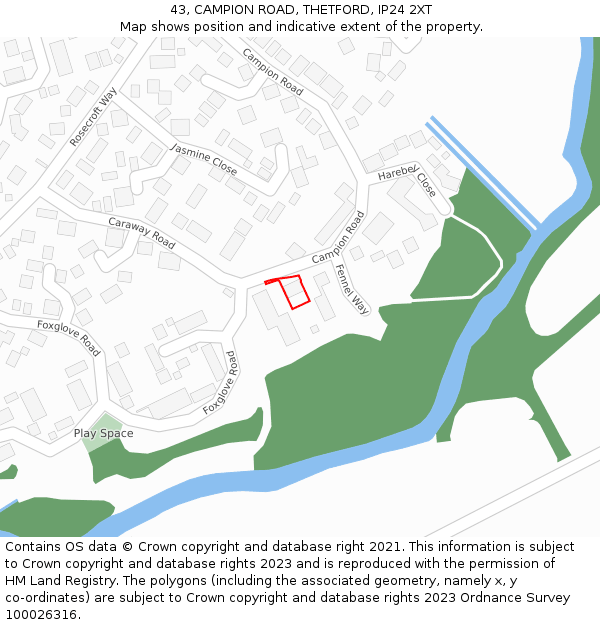 43, CAMPION ROAD, THETFORD, IP24 2XT: Location map and indicative extent of plot