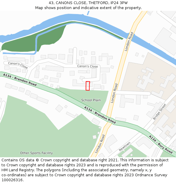 43, CANONS CLOSE, THETFORD, IP24 3PW: Location map and indicative extent of plot