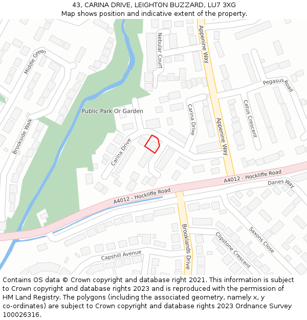 43, CARINA DRIVE, LEIGHTON BUZZARD, LU7 3XG: Location map and indicative extent of plot