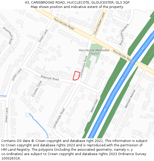 43, CARISBROOKE ROAD, HUCCLECOTE, GLOUCESTER, GL3 3QP: Location map and indicative extent of plot