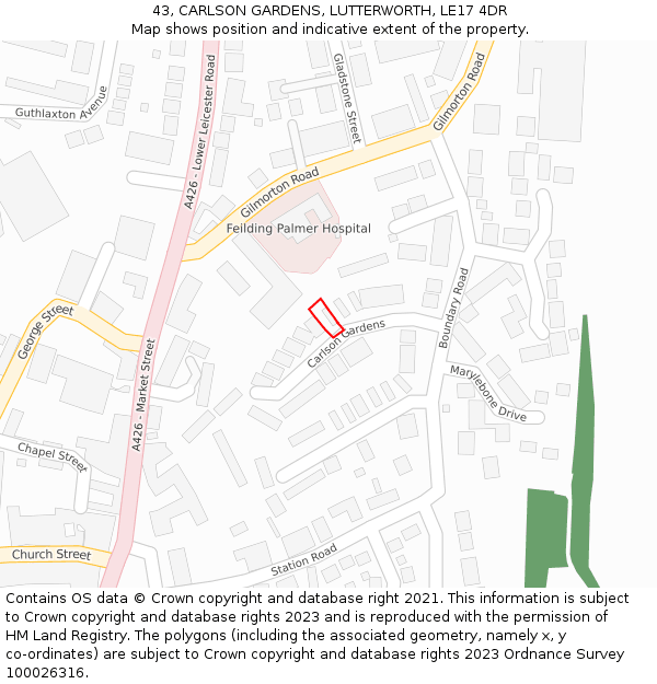 43, CARLSON GARDENS, LUTTERWORTH, LE17 4DR: Location map and indicative extent of plot