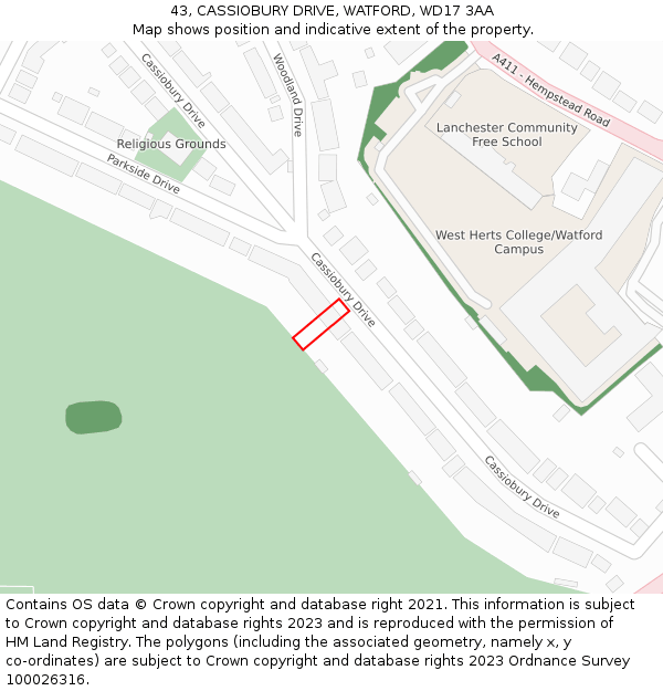 43, CASSIOBURY DRIVE, WATFORD, WD17 3AA: Location map and indicative extent of plot