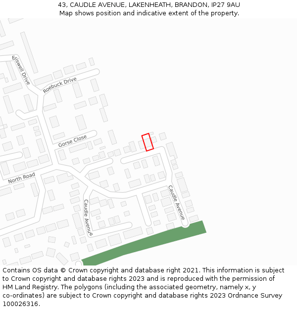 43, CAUDLE AVENUE, LAKENHEATH, BRANDON, IP27 9AU: Location map and indicative extent of plot