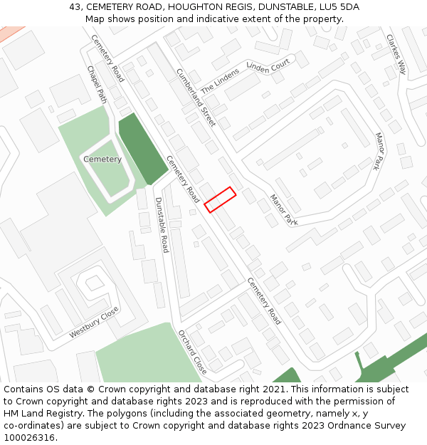 43, CEMETERY ROAD, HOUGHTON REGIS, DUNSTABLE, LU5 5DA: Location map and indicative extent of plot