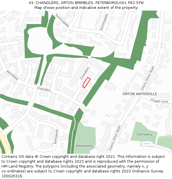 43, CHANDLERS, ORTON BRIMBLES, PETERBOROUGH, PE2 5YW: Location map and indicative extent of plot