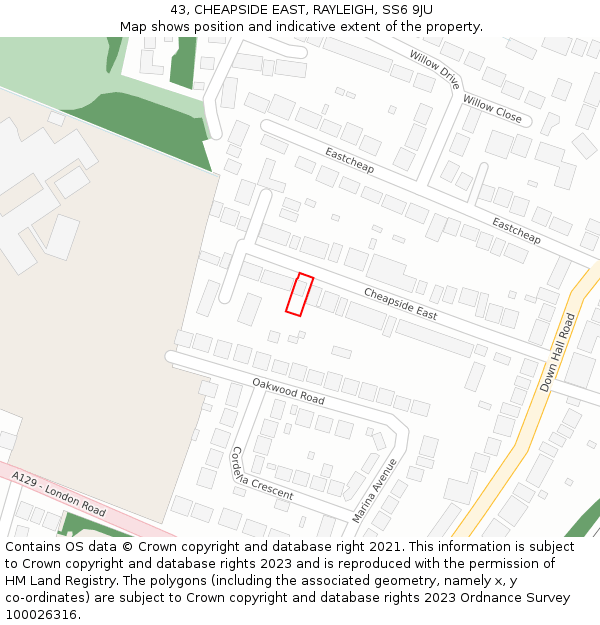 43, CHEAPSIDE EAST, RAYLEIGH, SS6 9JU: Location map and indicative extent of plot