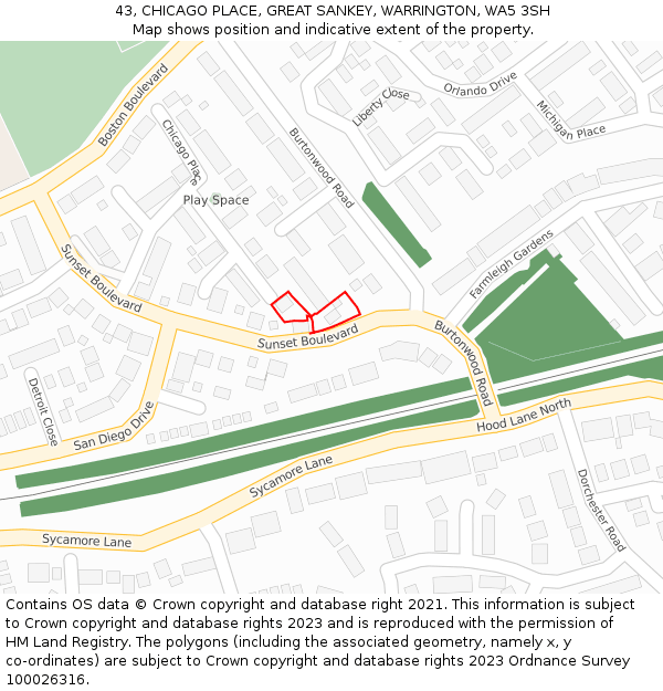 43, CHICAGO PLACE, GREAT SANKEY, WARRINGTON, WA5 3SH: Location map and indicative extent of plot