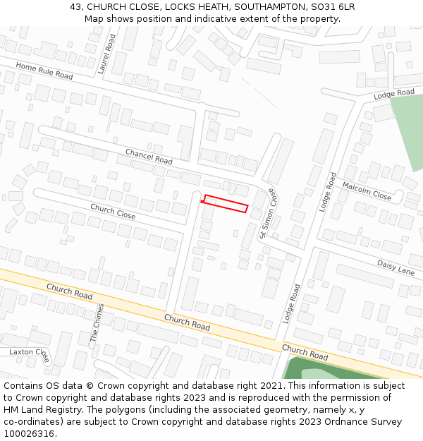 43, CHURCH CLOSE, LOCKS HEATH, SOUTHAMPTON, SO31 6LR: Location map and indicative extent of plot