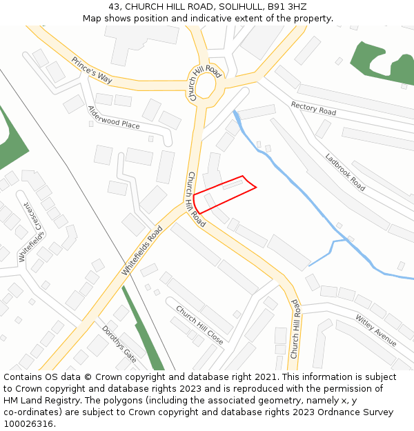 43, CHURCH HILL ROAD, SOLIHULL, B91 3HZ: Location map and indicative extent of plot