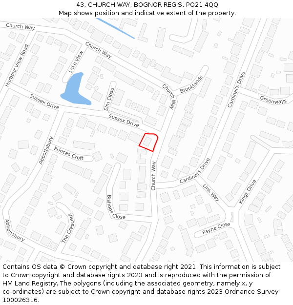 43, CHURCH WAY, BOGNOR REGIS, PO21 4QQ: Location map and indicative extent of plot