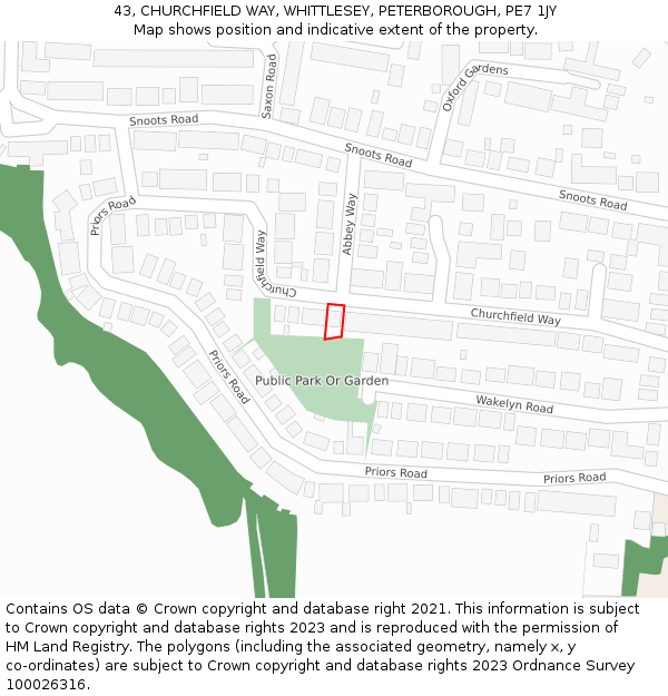 43, CHURCHFIELD WAY, WHITTLESEY, PETERBOROUGH, PE7 1JY: Location map and indicative extent of plot