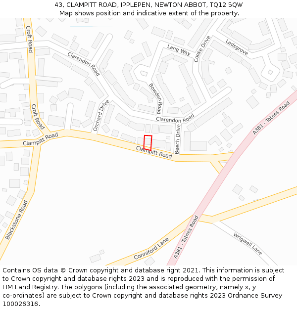 43, CLAMPITT ROAD, IPPLEPEN, NEWTON ABBOT, TQ12 5QW: Location map and indicative extent of plot